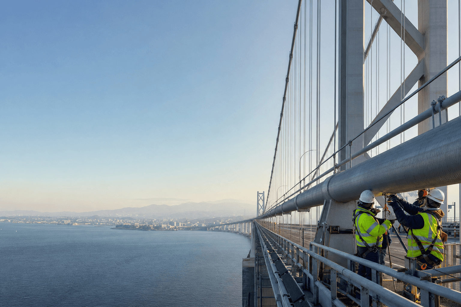 Two inspection engineers in high-visibility gear examining the main cable of a suspension bridge high above a bay.
