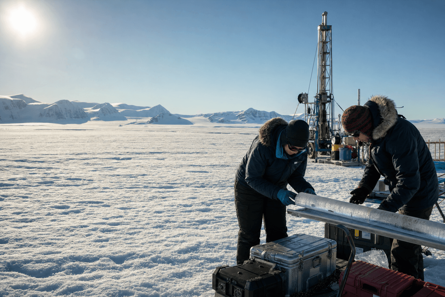 Two polar researchers in heavy parkas lifting a cylindrical ice core from a drill rig at a snowfield camp.