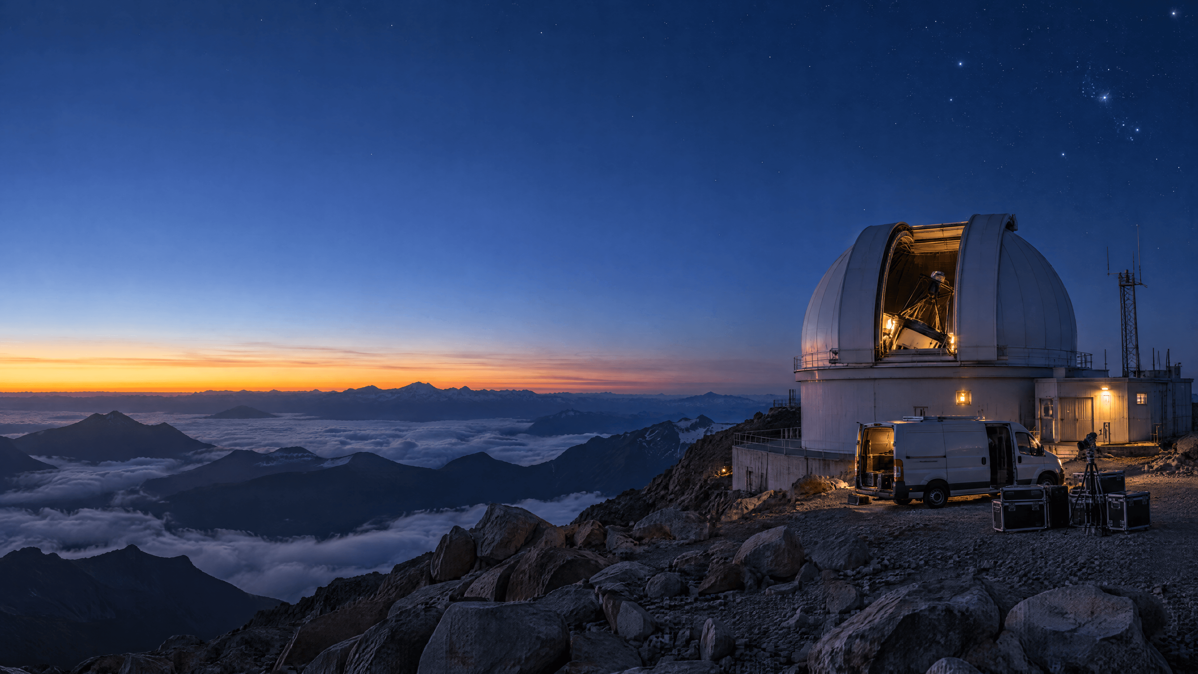 A mountaintop observatory at night, its dome open to a sky full of stars.